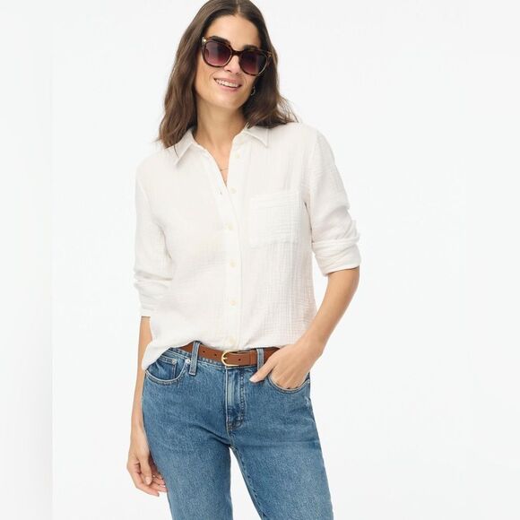 J. Crew Double Gauze Button Down Long Sleeve Shirt Warm Honey‎ size L NWT in pkg - Picture 1 of 9